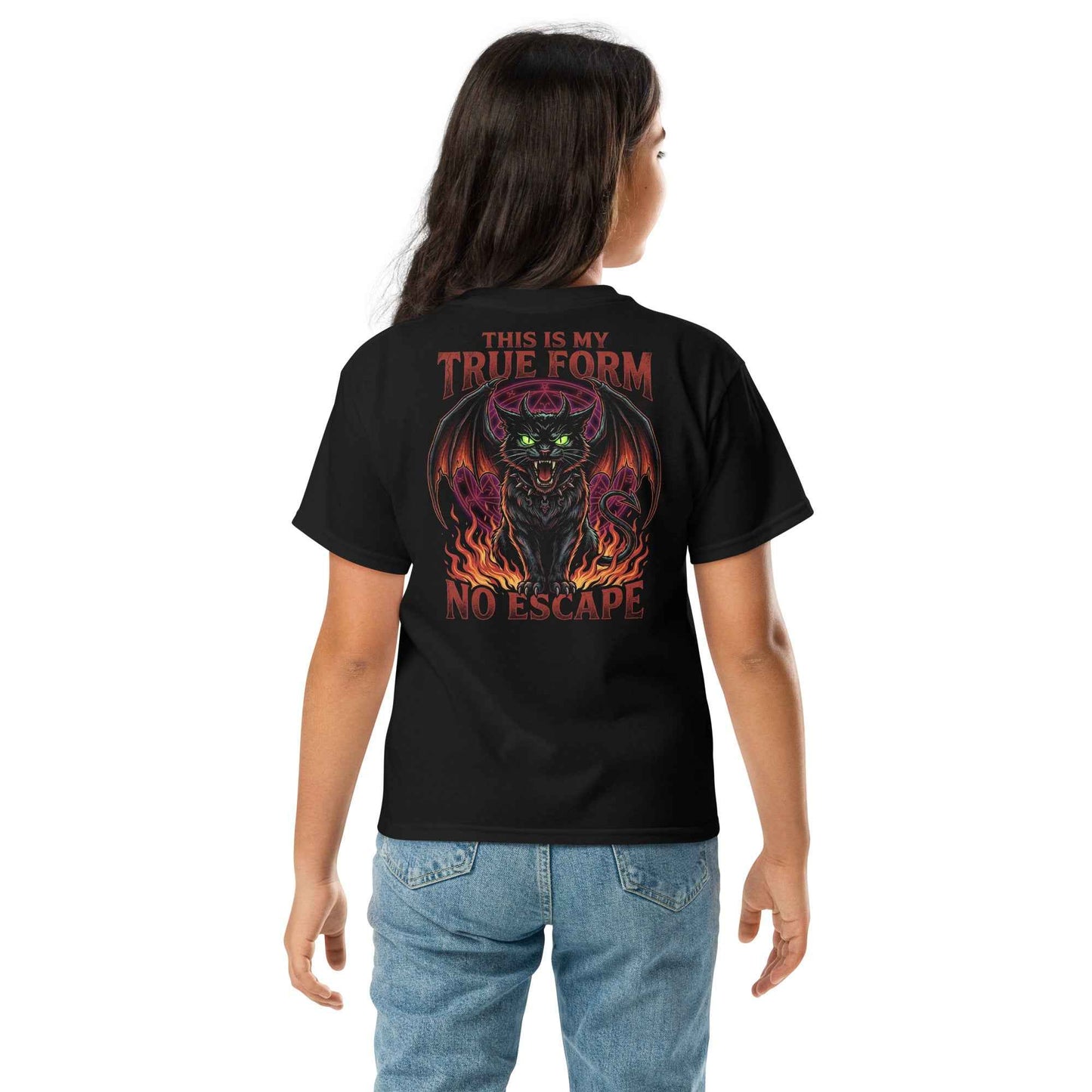 Cute Horror Cat T-Shirt - From Innocent Magic to Demonic Awakening | Youth Classic Tee