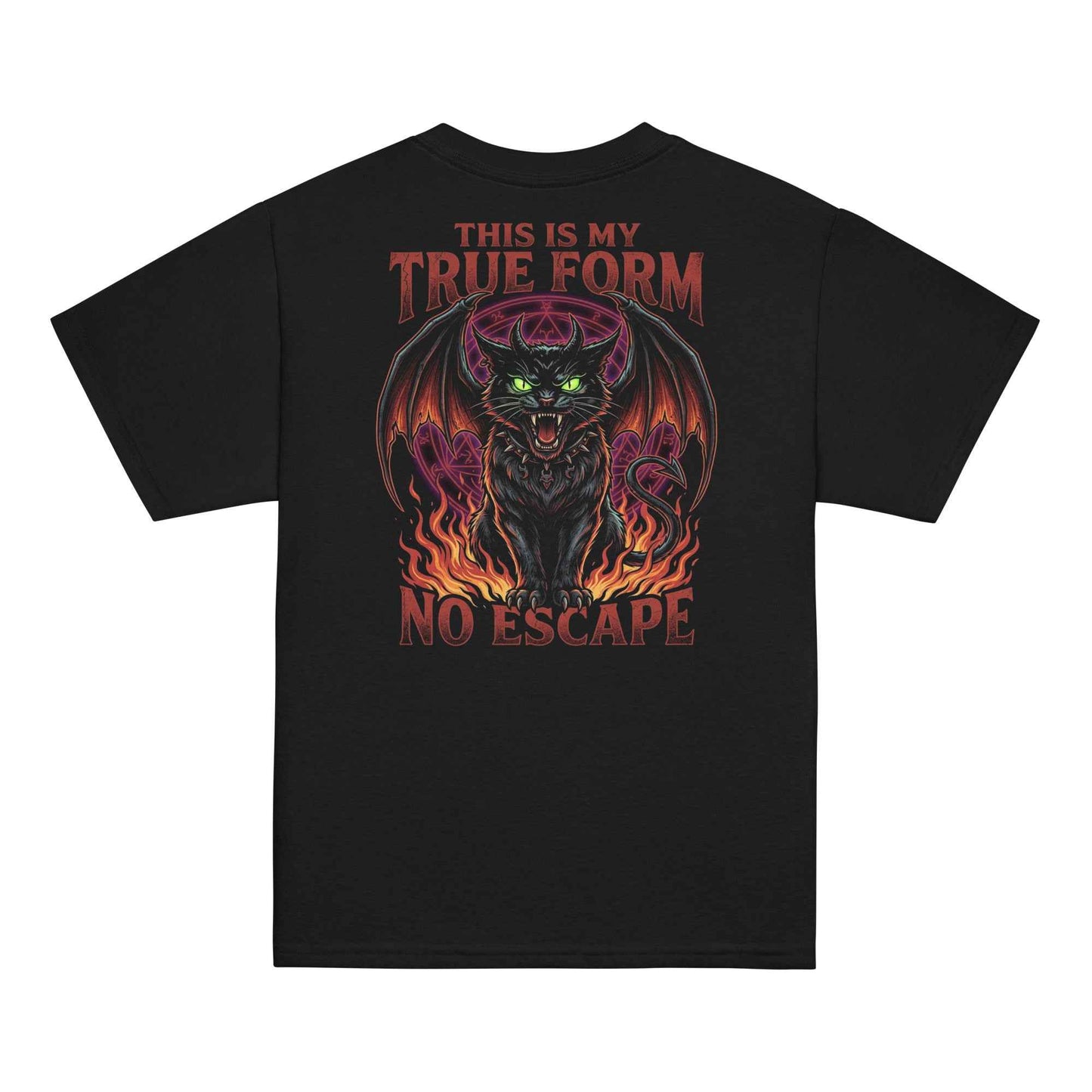 Cute Horror Cat T-Shirt - From Innocent Magic to Demonic Awakening | Youth Classic Tee