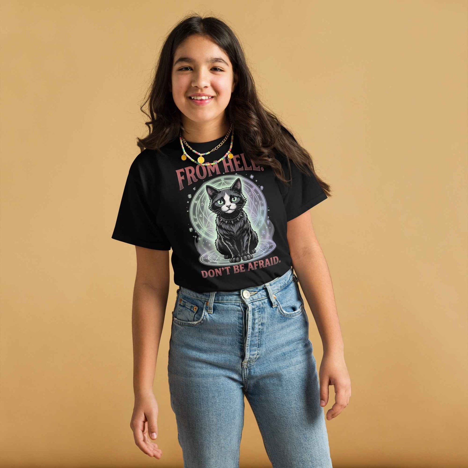 Cute Horror Cat T-Shirt - From Innocent Magic to Demonic Awakening | Youth Classic Tee
