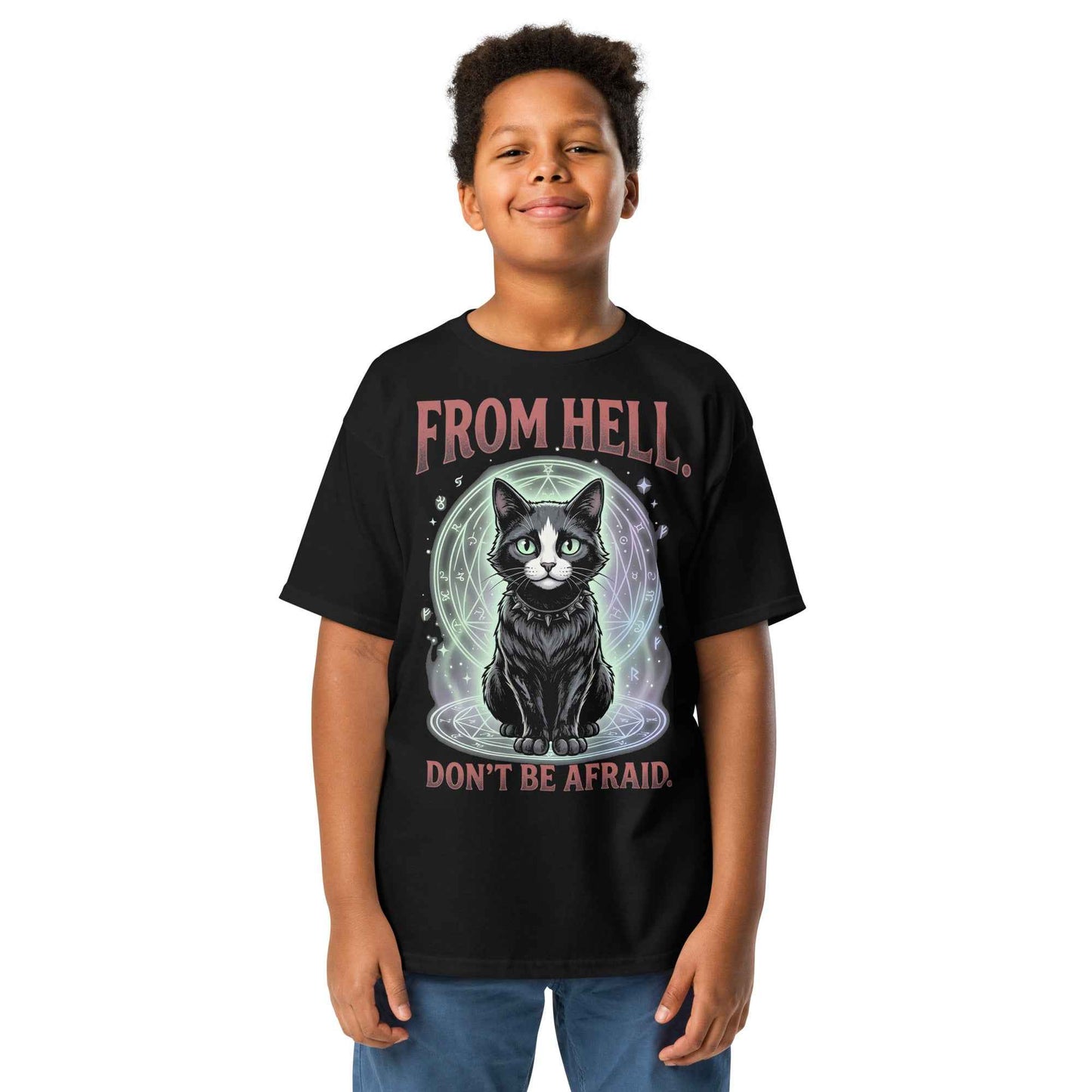 Cute Horror Cat T-Shirt - From Innocent Magic to Demonic Awakening | Youth Classic Tee