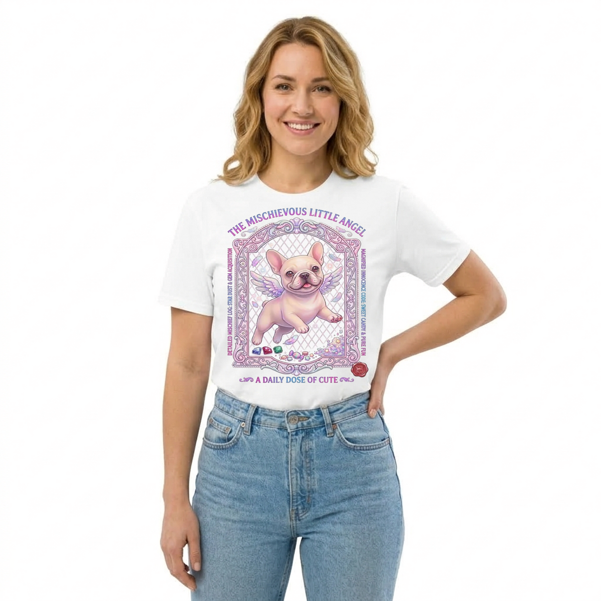 French Bulldog Mischievous Little Angel Pastel Graphic T-Shirt – Kawaii Frenchie Angel Tee