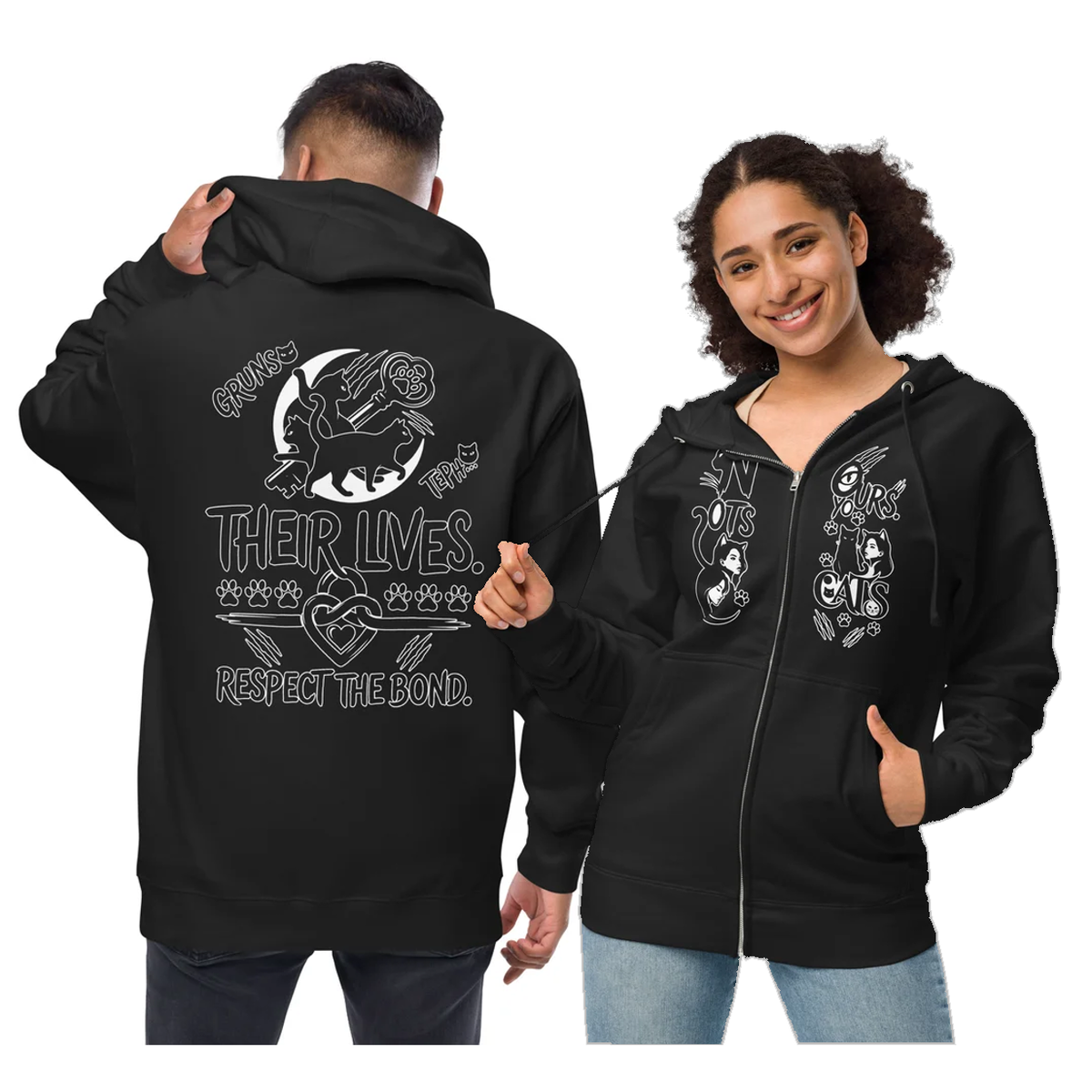 NOT YOURS. CATS. Double-Sided Black Cat Graphic Fleece Zip-Up Hoodie