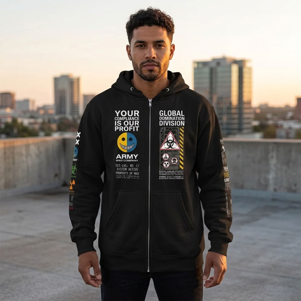 MAD COMPANY Dystopian Military Graphic Fleece Zip-Up Hoodie