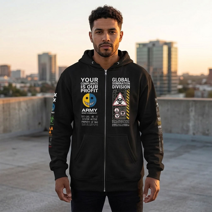 MAD COMPANY Dystopian Military Graphic Fleece Zip-Up Hoodie