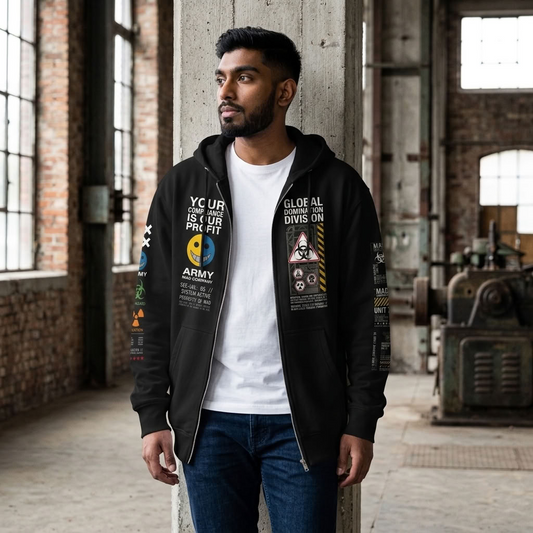 MAD COMPANY Dystopian Military Graphic Fleece Zip-Up Hoodie