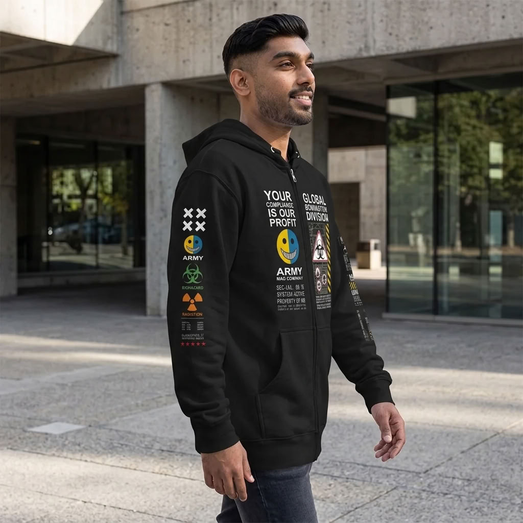 MAD COMPANY Dystopian Military Graphic Fleece Zip-Up Hoodie