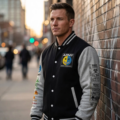 MAD COMPANY Dystopian Military Graphic Heavyweight Letterman Jacket
